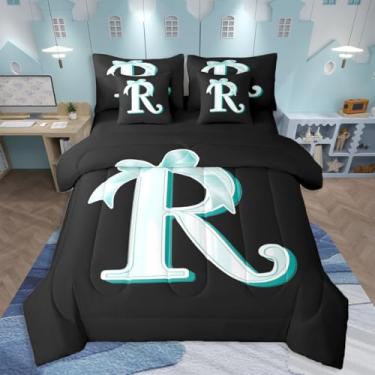 Imagem de jejeloiu Conjunto de edredom com laço azul Kawaii, 7 peças, presente de tamanho casal, para mulheres e adolescentes, conjunto de cama em uma bolsa, arte moderna, monograma, personalizado, letra R