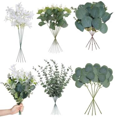 Imagem de jiebor Folhas de flores brancas artificiais artificiais de seda sintética com hastes de eucalipto para buquês de mesa de centro de mesa para chá de casamento, decoração de casa de fazenda, 40