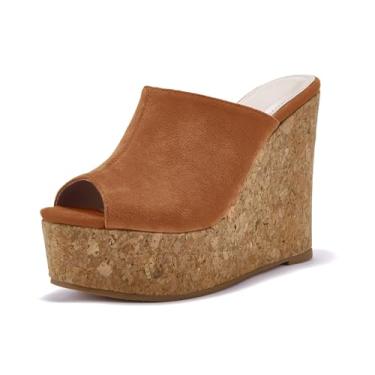 Imagem de LAICIGO Sandália feminina com plataforma plataforma de dedo aberto, cortiça, camurça sintética, vestido de verão, Marrom, 38