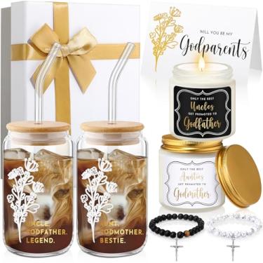 Imagem de Yiyiring Conjunto de 9 peças de presente de pedido de padrinhos Will You Be My Godmother Godfather copo de vidro perfumado vela cruz pulseira caixa de cartões de presente de padrinho batismo padrino