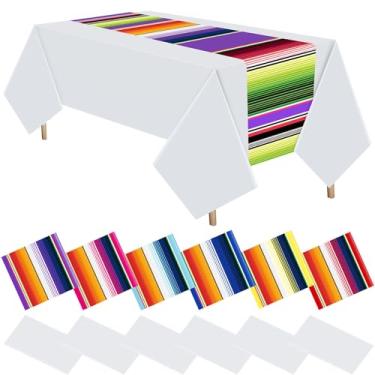 Imagem de VitalCozy Conjunto de 12 peças de plástico mexicano caminho de mesa e toalha de mesa descartável 137 x 274 cm toalha de mesa Fiesta 35,5 x 274,3 cm para decorações de festa Cinco De Mayo (arco-íris