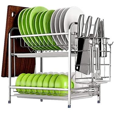 Imagem de Escorredor de 2 camadas com bandeja coletora de aço inoxidável 304, suporte de talheres para copos, organizador de utensílios de cozinha com tábua de drenagem, suporte para cortar e pauzinhos