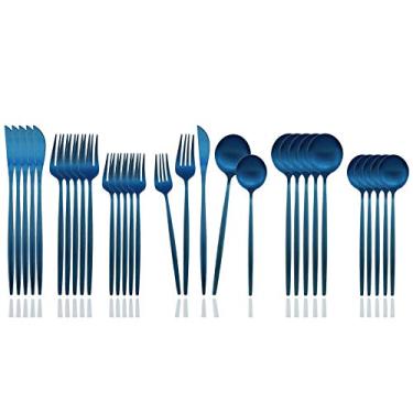 Imagem de JASHII Conjunto de talheres de aço inoxidável com acabamento acetinado, conjunto de talheres para 6 colheres e garfos, conjunto de utensílios de cozinha, pode ser lavado na lava-louças (azul fosco)
