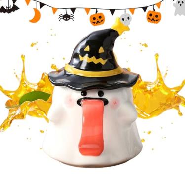 Imagem de Caneca de Halloween - Xícaras de chá fofas com tampa, xícara de café em forma de fantasma de cerâmica de 450 ml com tampa para suco de Halloween, vinho, cerveja, sala de estar, noites de cinema