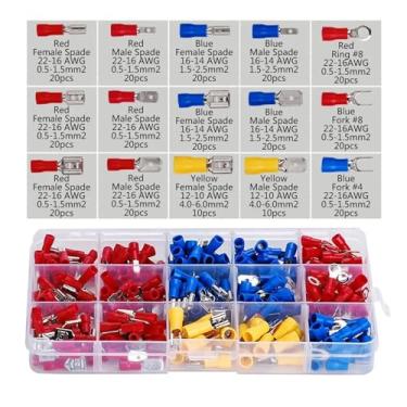 Imagem de 280 peças sortidos terminais de pá isolados conector de cabo elétrico conjunto de garfo conjunto de anéis de garfo + decapador de fios (280 peças)