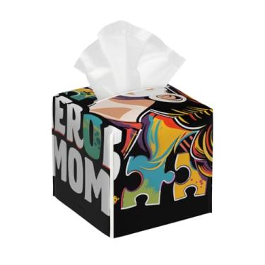 Imagem de Capa quadrada de couro para caixa de lenços de papel à prova d'água, arte feminina, autismo, organizador de papel facial com cinto inferior, estojo de lenços para mesa, banheiro, escritório, mesa