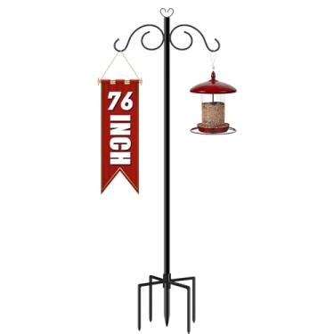 Imagem de Ganchos duplos para uso externo pesado, 1 poste alimentador de pássaros de 196 cm com base de 5 pinos, gancho de pastor alto ajustável para ganchos de jardim para pendurar plantas, cesta de flores