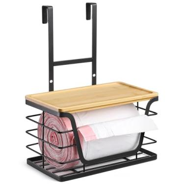 Imagem de CACHOLIV Suporte de saco de lixo pequeno - Suporte compacto de saco de lixo com topo de bambu empilhável, ganchos ajustáveis para porta de armário de cozinha/lavanderia - adequado para rolo de tamanho