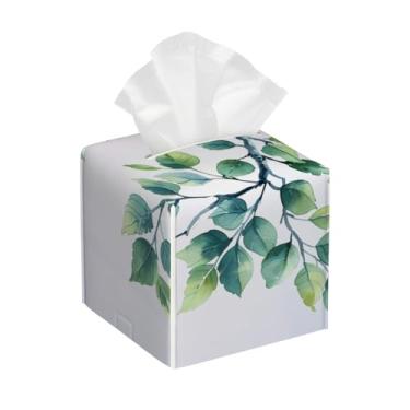 Imagem de Suporte quadrado de couro para caixa de lenços de tecido, impermeável, verde, planta, organizador de papel facial com cinto inferior, estojo de lenços para mesa, banheiro, escritório, mesa, carro