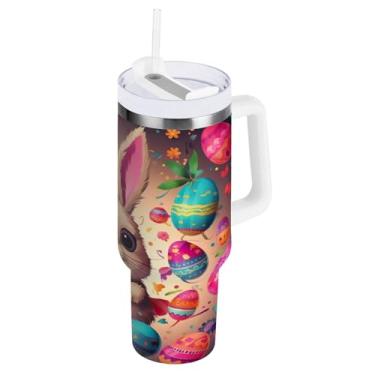 Imagem de ATTX Copo de coelho da Páscoa de 850 g com alça, copo de aço inoxidável a vácuo de parede dupla com palha, caneca de café de viagem isolada #24