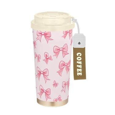 Imagem de SEHANY Linda caneca de viagem rosa com laço de bolinhas 482 g Copos de café reutilizáveis revestidos de cerâmica com tampa à prova de vazamento, parede dupla, isolamento a vácuo, copo de café de aço