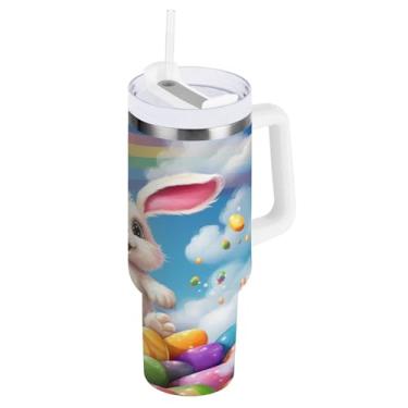 Imagem de ATTX Copo de coelho da Páscoa arco-íris de 1,134 g com alça, copo de aço inoxidável a vácuo de parede dupla com palha, caneca de café de viagem isolada #521