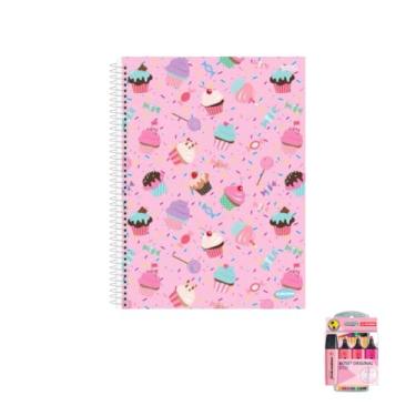 Imagem de Kit Caderno Feminino 10 Matérias Capa Dura 200 Folhas + Caneta Point 88 + Marca Texto Boss