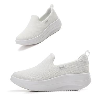 Imagem de Oude Tênis sem cadarço feminino confortável | Sapatos ortopédicos femininos sem cadarço para viagem | Parte inferior basculante de 5 cm, Branco 92331, 37