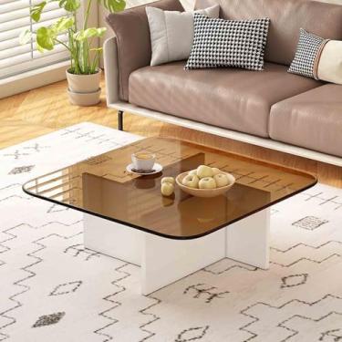 Imagem de Yadlan Mesa de centro de vidro moderna com base de madeira maciça, mesa central de design de meados do século para sala de estar, decoração elegante de casa branco 2 70 cm