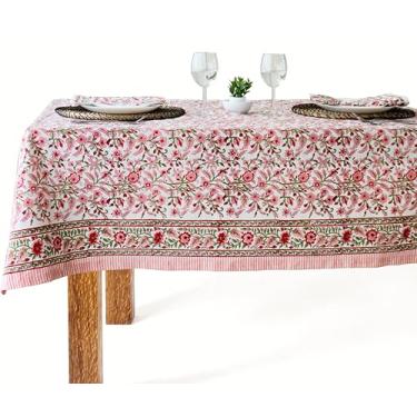 Imagem de VISTALOOM Toalha de mesa com estampa em bloco: 137 x 272 cm, retangular, 100% algodão, pré-encolhida, lavável para primavera, cozinha e jantar, perfeita para pátio, interior e exterior, casa de