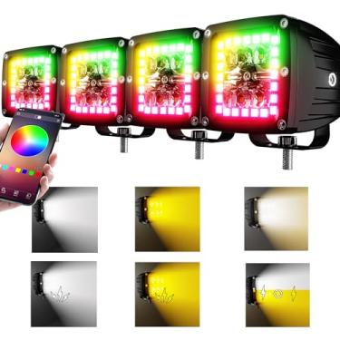 Imagem de ASLONG 4P 3X3 LED Cube White/Amber Pods Flood Strobe Work Light Pods with Chaser RGB Halo 16 Solid Colors Over 92 Flashing Modes Offroad Fog Frontlights Flasing 3x3 Lights with Switch Wiring Harness