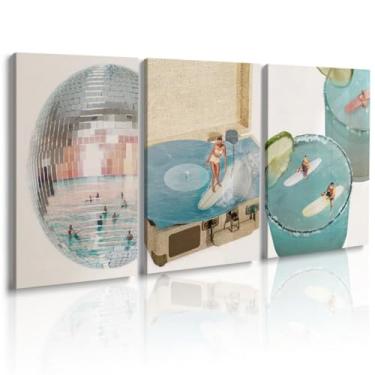 Imagem de Conjunto de 3 quadros de arte de parede emoldurados para decoração de quarto de vaqueira litorânea de verão fotos de pintura em tela azul e branca para sala de estar bola de discoteca decoração de