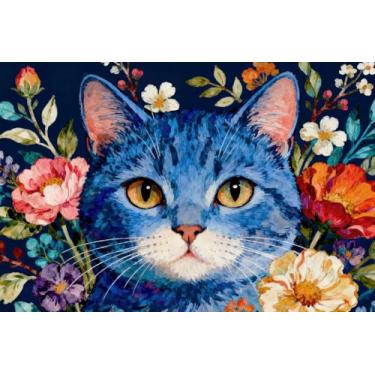 Imagem de kaiwern Capacho de gato azul gato floral tapete de boas-vindas tapete de porta engraçado tapetes de entrada ao ar livre tapetes decorativos animais fofos tapetes de porta para entrada externa interior