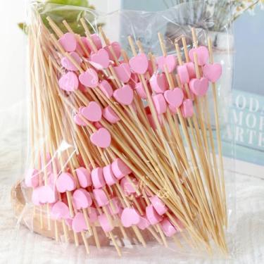 Imagem de 100 palitos de coquetel de coração, palitos de bambu de coração de 12 cm para aperitivos, espetos de dia dos namorados, palitos decorativos de frutas (rosa)