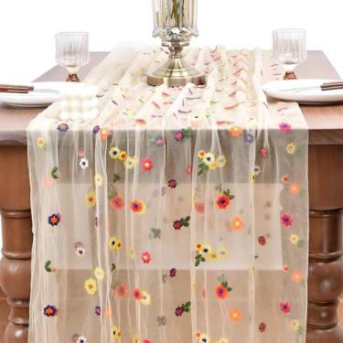Imagem de CREATCABIN Margarida bordada corredor de mesa bege tule corredor de mesa poliéster flor floral gaze sazonal outono cozinha decoração toalha de mesa para férias casamento festa em casa 3 m x 72 cm