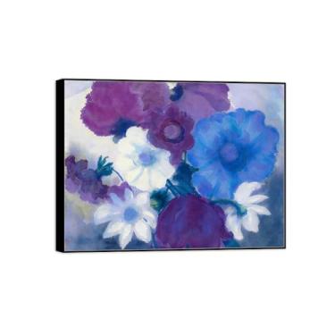 Imagem de Pintura de arte de parede de flores - imagem de decoração vintage - azul branco roxo flores - moldura preta impressões em tela para sala de estar 80 x 105 cm 31 x 41 pol