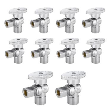 Imagem de Pacote com 10 válvulas de parada de ângulo de suor, válvula de ângulo de rotação de 1/4, válvula de fechamento de pia de ângulo de compressão de 1/5.1 cm de suor x 3/20.3 cm OD, latão cromado sem