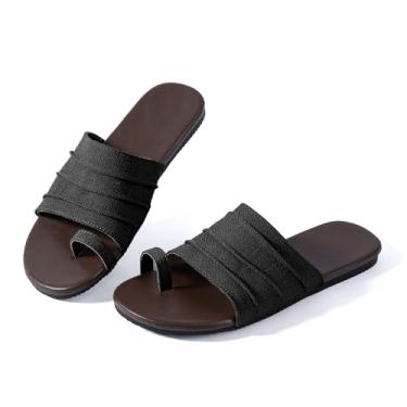 Imagem de N.N.G Sandálias femininas de dedo do pé - corrediças pretas com tiras planas com palmilha marrom confortável para praia/resort, Preto, 35