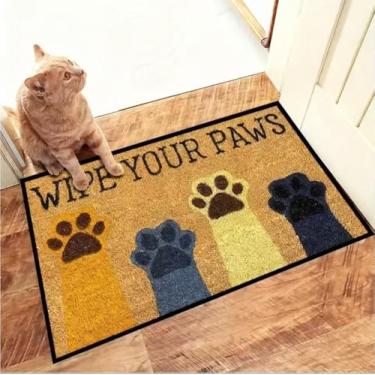 Imagem de 1 capacho com estampa de pata com letras de boas-vindas e impressões de pata, banheiro, presente de inauguração de casa para donos de gatos, tapete quadrado lavável na máquina com design vibrante de