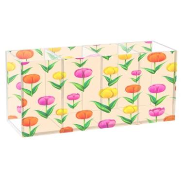 Imagem de CEBUGI Porta-canetas de acrílico com 4 compartimentos, organizador de lápis transparente, tulipas coloridas, porta-pincéis de maquiagem para escritório em casa, escritório, armazenamento