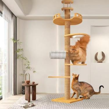 Imagem de Árvore de gato resistente do chão ao teto, 155-114'/55-122 pés de altura ajustável torre para gatos com cápsula espacial e rede, sem necessidade de broca, para gatos grandes, economiza espaço para