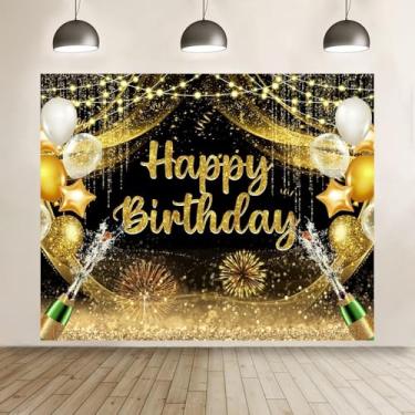 Imagem de ChloropLastid Pano de fundo preto e dourado de feliz aniversário, 3 x 2,4 m, balões dourados, glitter, decoração de festa de feliz aniversário, adereços para fotos