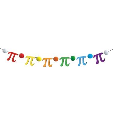 Imagem de Whaline Banner de feltro de dia Pi de 2,5 m, faixa de guirlanda pré-amarrada, símbolo Pi colorido, enfeite de pompom para pendurar bola para matemática, decoração de parede de sala de aula