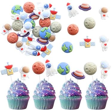Imagem de Ephlyn 24 peças de topos de cupcake no espaço sideral planeta foguete viagem à lua estrela cupcake palhetas sistema solar galáxia universo planetas aniversário cupcake decorações suprimentos de festa