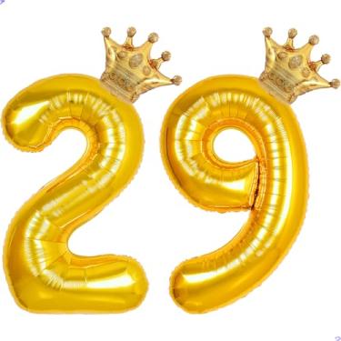 Imagem de 29 balões com números dourados de 101,6 cm para decorações de aniversário de 29 anos para homens e mulheres, balões gigantes de Mylar de 29 anos