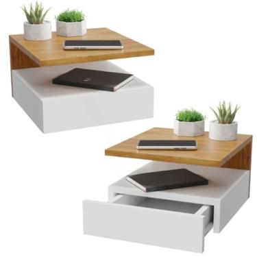 Imagem de KIT 2 Mesa de Cabeceira Suspensa com Gaveta e Prateleira Mesinha Suspenso,mesa de cabeceira,mesa de cabeceira quarto(Freijó + Branco)