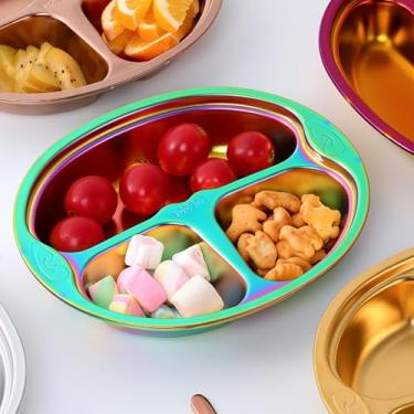 Imagem de QOBIMOON Conjunto de 4 pratos divididos de aço inoxidável, controle de alimentos dietéticos de 23,5 cm, pratos de acampamento, travessa compacta para servir, prato de lanche de metal para jantar