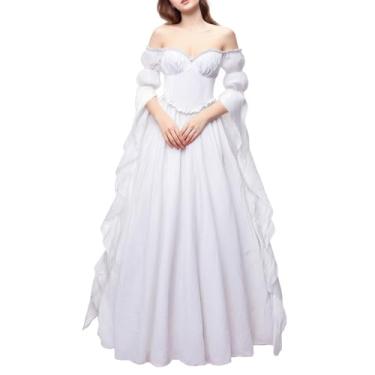 Imagem de Mikan Tsumiki Vestido renascentista feminino vitoriano medieval camponês fada vestidos de casamento, Branco, Large-X-Large