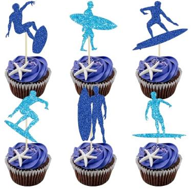Imagem de Ephlyn 24 peças de topos de cupcake de surfe com glitter azul prancha de surfe esportiva picaretas de cupcake surfe nas ondas para tema de surfe chá de bebê crianças festa de aniversário decoração de