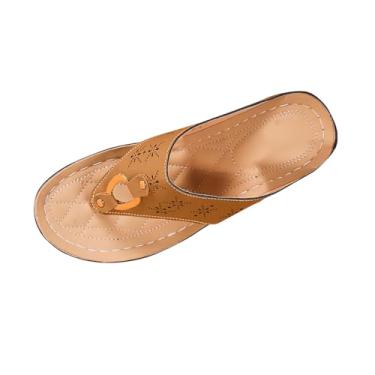 Imagem de Chinelo feminino com fivela de metal vintage boca de peixe cunha fundo grosso design oco casual verão, Café, 36