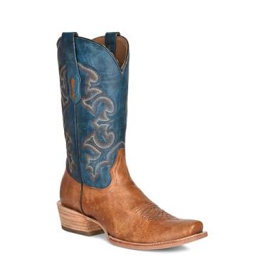 Imagem de Corral Boots Botas caubói masculinas azul marinho feitas à mão | Botas ocidentais de bico quadrado estreito com design bordado de areia, Azul marinho/areia, 44