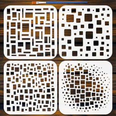 Imagem de FINGERINSPIRE 4 peças de estêncil de pintura geométrica com pincel, 15 x 15 cm, estêncil geométrico, reutilizável, cubista, modelos de fundo para pintura em parede, tela e móveis de madeira
