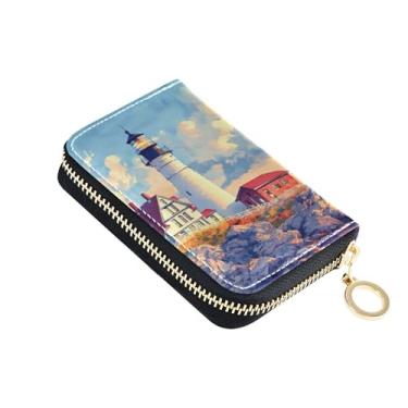 Imagem de Carteira feminina pequena com zíper com 9 compartimentos para cartão de crédito e 2 compartimentos para dinheiro em aquarela farol costeiro com zíper porta-moedas com chaveiro