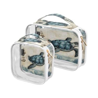 Imagem de GAIGEO Conjunto de 2 bolsas de maquiagem transparente para animais de ovelha, plantas, verde-petróleo, colagem, bolsa de viagem, produto de cabelo, Tartaruga marinha náutica vintage azul e branca, one