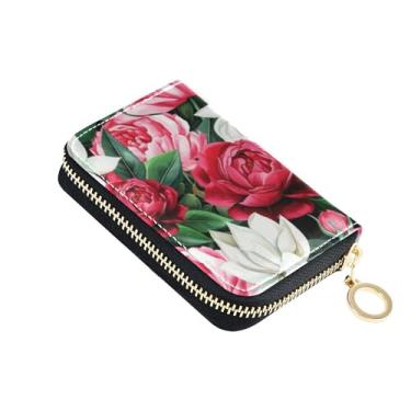 Imagem de Carteira minimalista feminina de couro, protetor de cartão de crédito, bloqueio RFID, maximalismo, branco, vermelho, rosa, peônias, zíper, porta-cartões e dinheiro