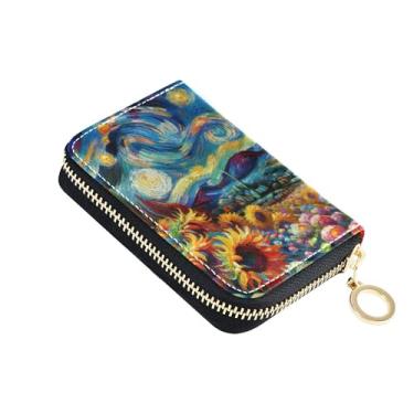 Imagem de Carteira de cartão de crédito com bloqueio de RFID para mulheres, carteira masculina de couro com zíper e bolso para moedas, noite estrelada, girassol