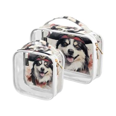 Imagem de GAIGEO Lindo cão Husky usando um chapéu de pirata conjunto de bolsa cosmética transparente, bolsa organizadora de cuidados com a pele, bolsa de higiene para mulheres, pacote com 2, Cachorro Husky fofo