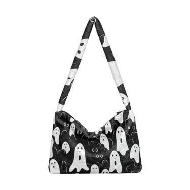 Imagem de Sacola de pelúcia com borboletas brancas e amarelas e borboletas, bolsa de ombro com zíper para mulheres, bolsas de outono, B'boo Boo Spectre em preto e branco, One Size