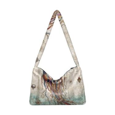 Imagem de GAIGEO Bolsa de ombro feminina quadrada geométrica preta vermelha para filhotes de cachorro, bolsa de ombro com bolso, bolsas de outono, Cartão postal vintage azul colorido água-viva, One Size