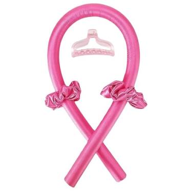 Imagem de Rolos de cabelo para cachos sem calor durante a noite – faixa de cabelo de borracha macia e conjunto de presilhas de cabelo, fita cacheada de espuma para cabelos longos (rosa vermelha)